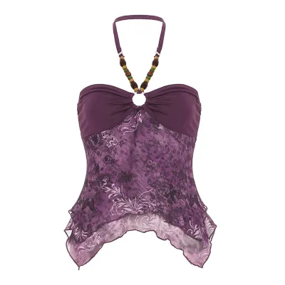 Women Fashion Retro Sexy Beaded Irregular Mesh Stitching Halter-Neck Camisole