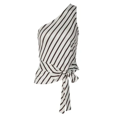 Women Fashion Sexy Summer Irregular Pleated Slant Shoulder Stripe Tank Top