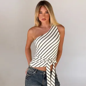 Women Fashion Sexy Summer Irregular Pleated Slant Shoulder Stripe Tank Top