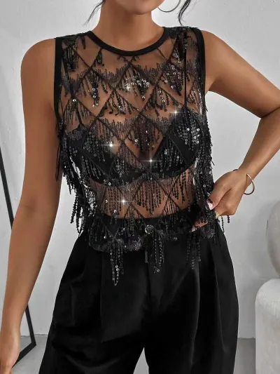 Women Fashion Sexy Solid Color Sequin Perspective Round-Neck Sleeveless Tank Top