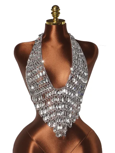 Women Fashion Sexy Summer Handmade Rhinestone Gemstone Halter-Neck Backless Tank Top