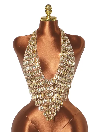 Women Fashion Sexy Summer Handmade Rhinestone Gemstone Halter-Neck Backless Tank Top