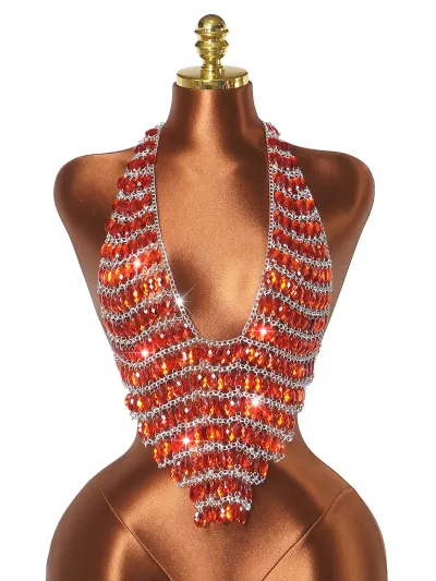Women Fashion Sexy Summer Handmade Rhinestone Gemstone Halter-Neck Backless Tank Top