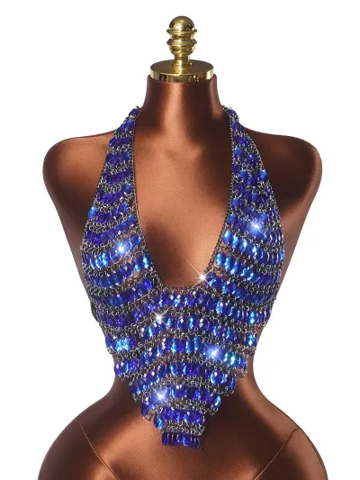 Women Fashion Sexy Summer Handmade Rhinestone Gemstone Halter-Neck Backless Tank Top