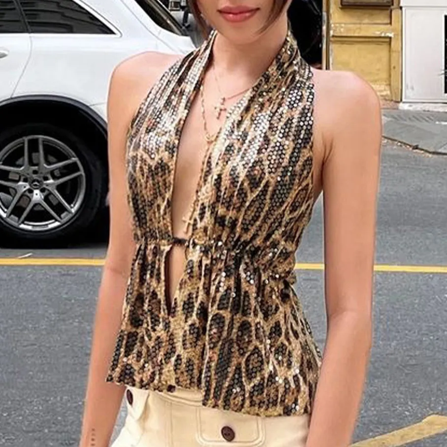 Women Fashion Sexy Spring Summer Leopard Sequins Halter-Neck Backless Tank Top