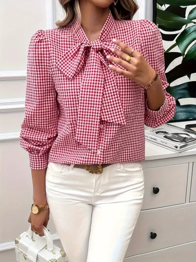 Women'S Fashion Casual Spring Summer Plaid Printed Lapel Bowknot Long Sleeve Blouse