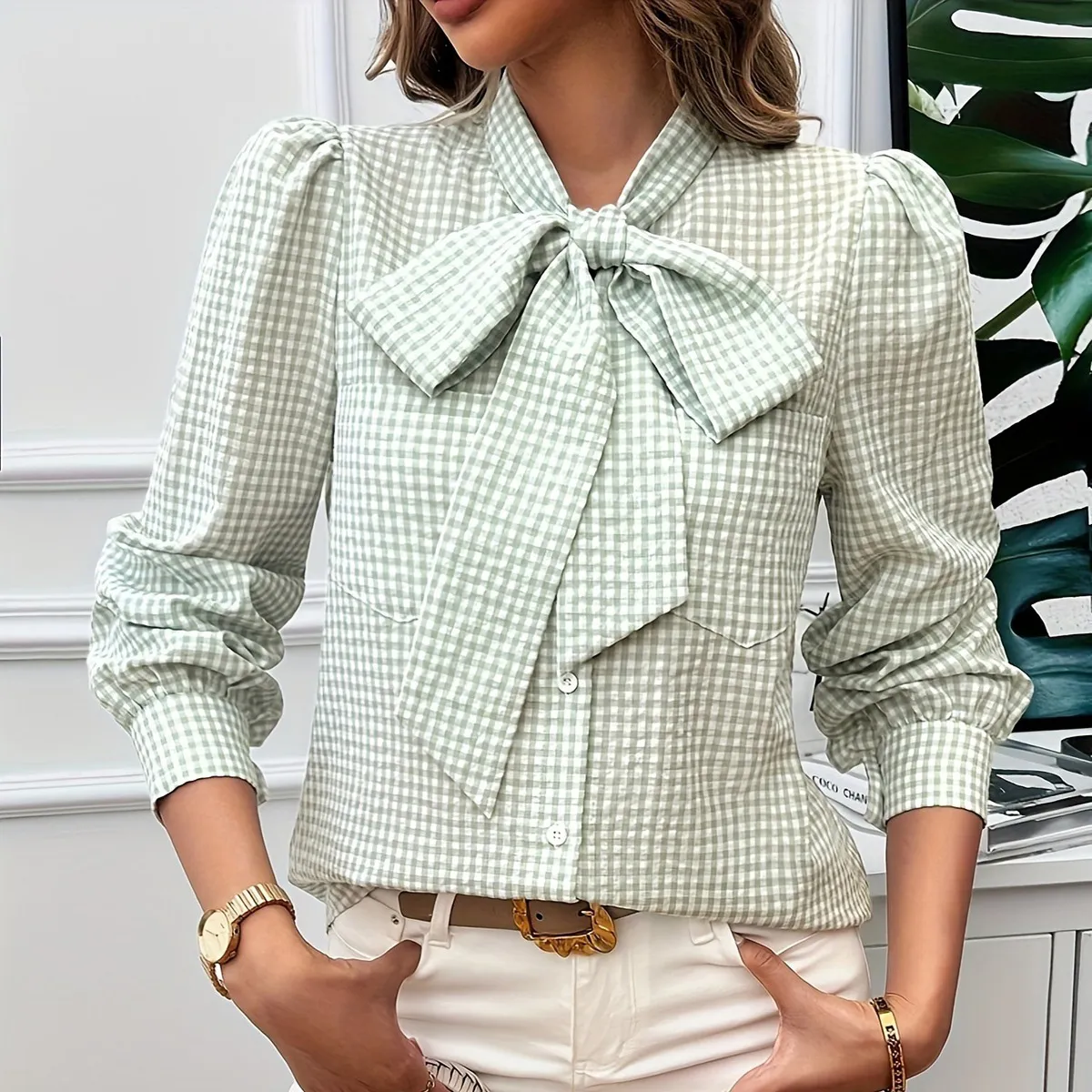 Women'S Fashion Casual Spring Summer Plaid Printed Lapel Bowknot Long Sleeve Blouse
