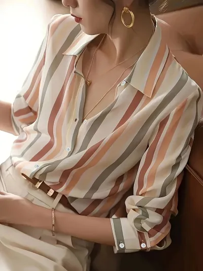 Women Fashion Casual Contrast Color Stripe Shirt Lapel Long-Sleeve Loose Blouse