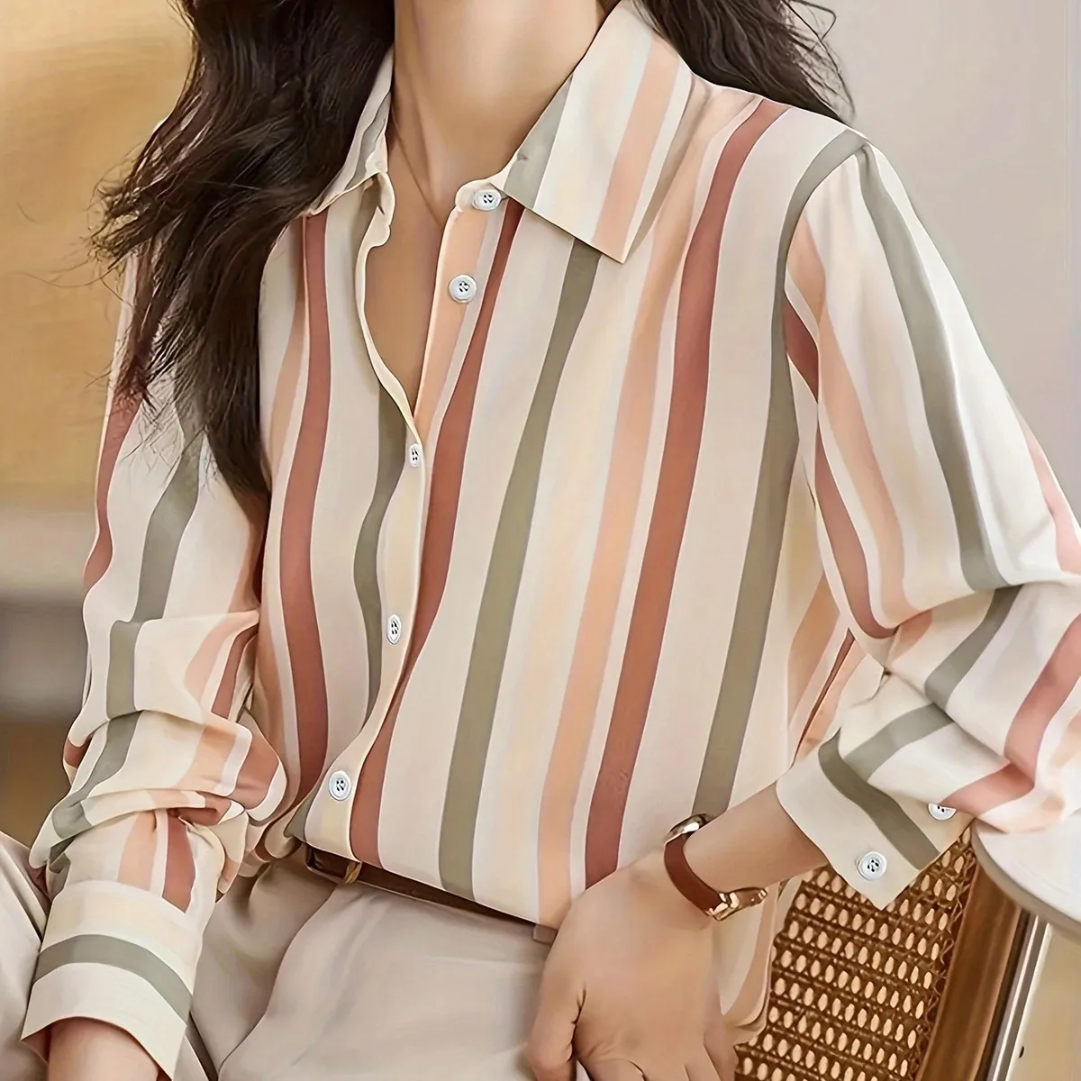 Women Fashion Casual Contrast Color Stripe Shirt Lapel Long-Sleeve Loose Blouse