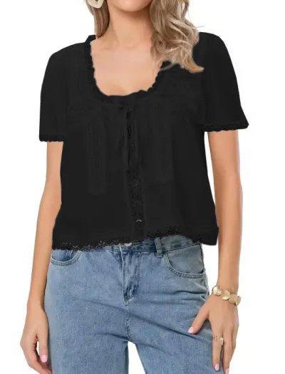 Women Fashion Casual Solid Color Lace Hollowed-Out Cotton Short-Sleeve Lace-Up Blouse