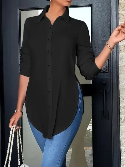 Women Fashion Casual Simple Solid Color Irregular Laple Long Sleeve Blouse