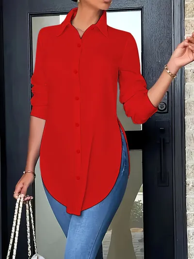 Women Fashion Casual Simple Solid Color Irregular Laple Long Sleeve Blouse