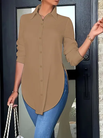 Women Fashion Casual Simple Solid Color Irregular Laple Long Sleeve Blouse