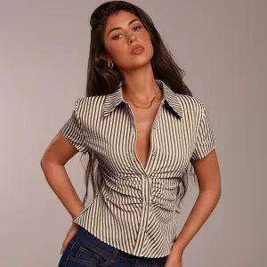 Women Fashion Casual Stripe Lapel Breasted Short Sleeve Slim Blouse