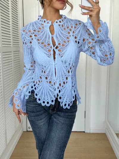 Women Fashion Sexy Elegant Solid Color Hollow Lace Breathable Long-Sleeve Blouse