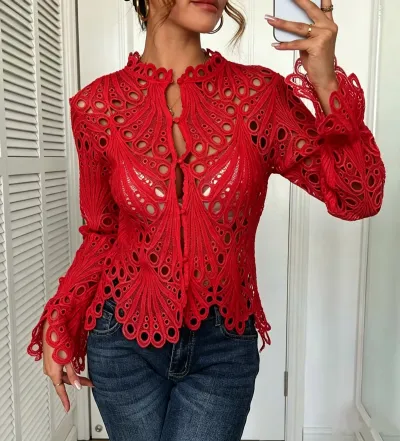 Women Fashion Sexy Elegant Solid Color Hollow Lace Breathable Long-Sleeve Blouse