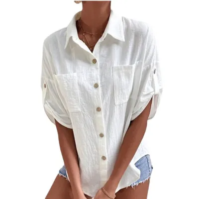 Women Fashion Casual Simple Solid Color Cotton Linen Mid-Sleeve Pocket Lapel Loose Blouse