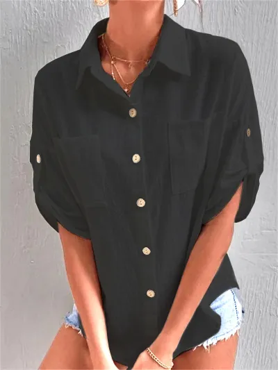 Women Fashion Casual Simple Solid Color Cotton Linen Mid-Sleeve Pocket Lapel Loose Blouse