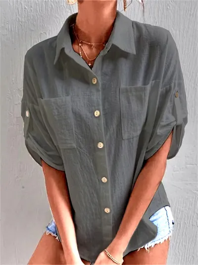 Women Fashion Casual Simple Solid Color Cotton Linen Mid-Sleeve Pocket Lapel Loose Blouse