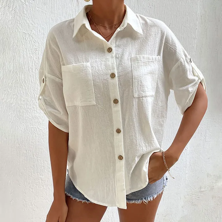 Women Fashion Casual Simple Solid Color Cotton Linen Mid-Sleeve Pocket Lapel Loose Blouse