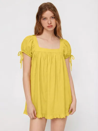 Women Fashion Casual Solid Color Square Collar Ruffle Short Sleeve Loose Blouse