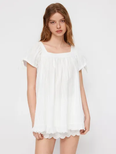 Women Fashion Casual Solid Color Square Collar Ruffle Short Sleeve Loose Blouse