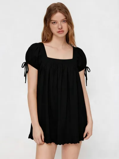 Women Fashion Casual Solid Color Square Collar Ruffle Short Sleeve Loose Blouse