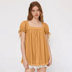 Women Fashion Casual Solid Color Square Collar Ruffle Short Sleeve Loose Blouse