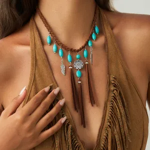 Women Fashion Retro Ethnic Flannel Woven Tassel Turquoise Pendant Necklace