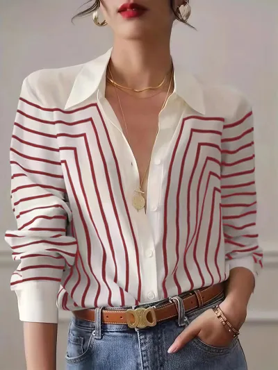 Women Fashion Casual Stripe Lapel Long-Sleeve Loose Blouse