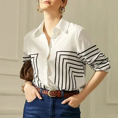 Women Fashion Casual Stripe Lapel Long-Sleeve Loose Blouse