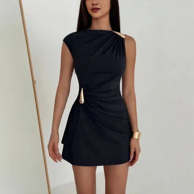 Summer Women'S Fashion Metallic Buckle Polka Dot Print Mini Dress