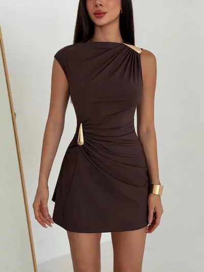 Summer Women'S Fashion Metallic Buckle Polka Dot Print Mini Dress