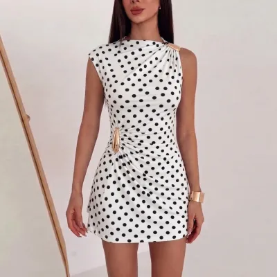 Summer Women'S Fashion Metallic Buckle Polka Dot Print Mini Dress