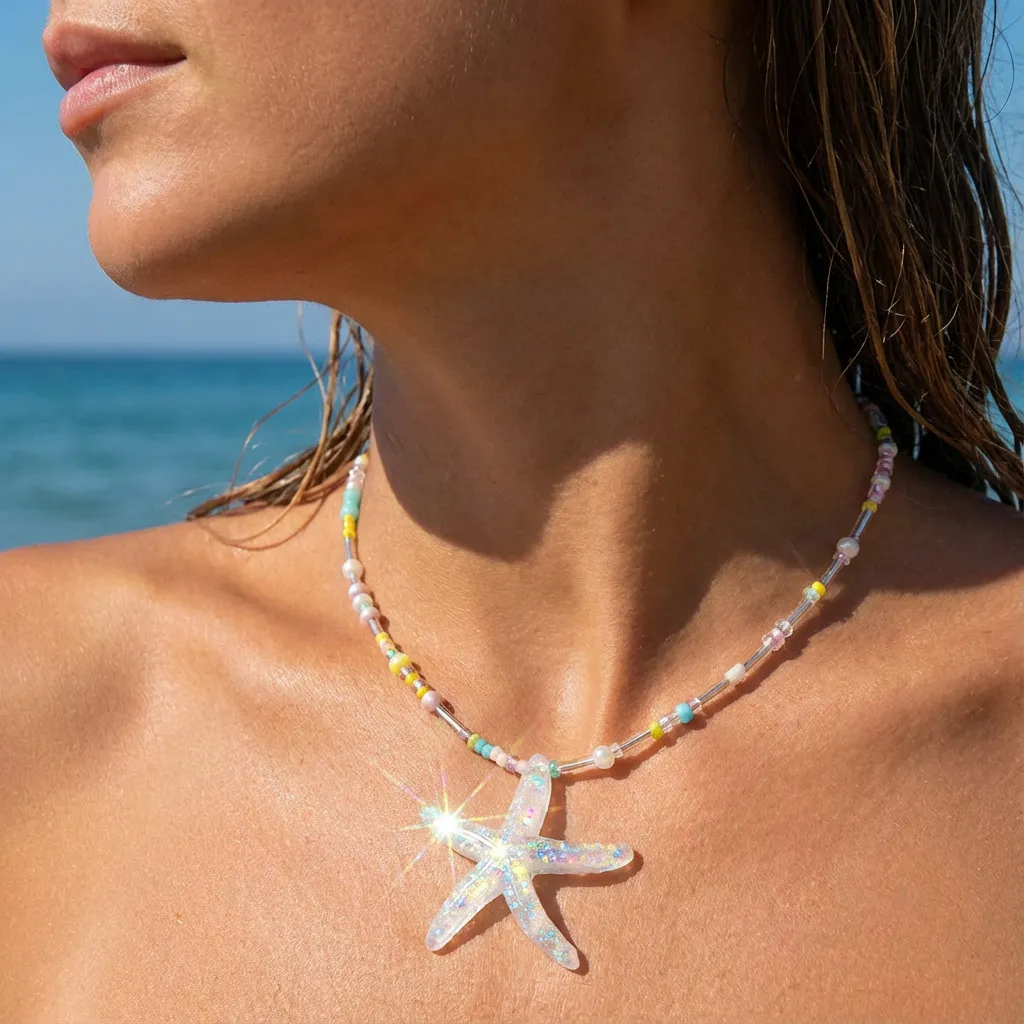 Women Fashion Bohemian Glitter Beads Starfish Necklace