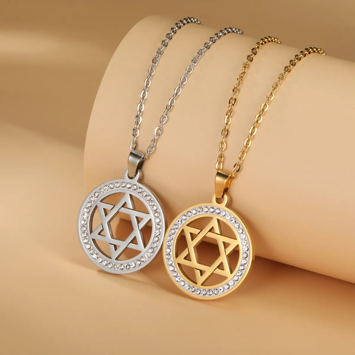 Women Fashion Stainless Steel Hexagram Zircon Chain Necklace