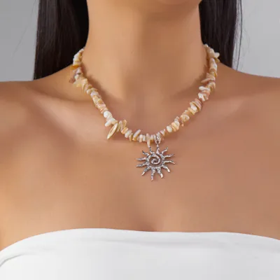 Women Fashion Boho Sunflower Beads Geometric Zinc Alloy Necklace