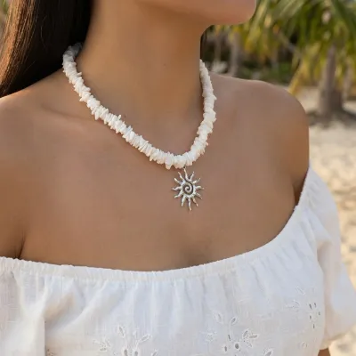 Women Fashion Boho Sunflower Beads Geometric Zinc Alloy Necklace