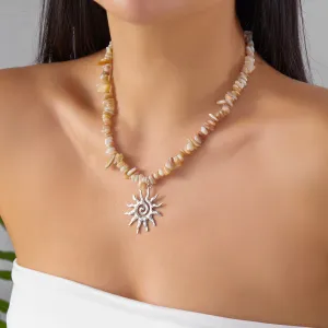 Women Fashion Boho Sunflower Beads Geometric Zinc Alloy Necklace