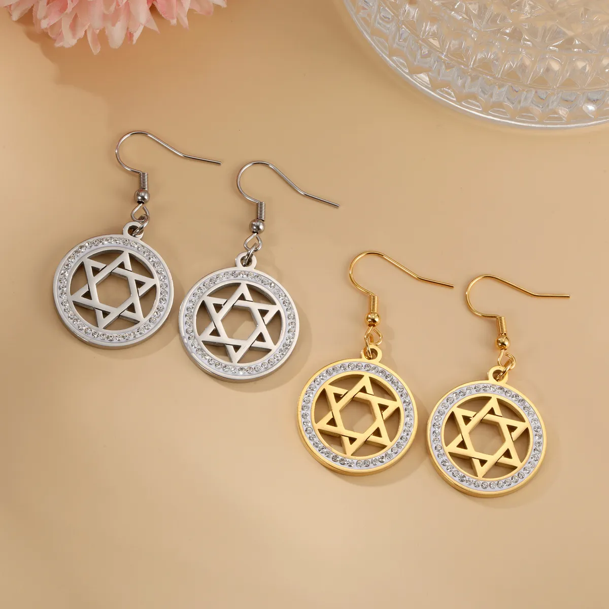 Women Fashion Zircon Hexagram Round Pendant Earrings