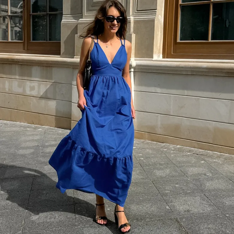 Vacation Style Women Casual Solid Color Cotton And Linen V-Neck Strap Backless Maxi Dress