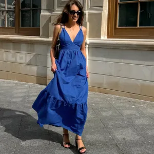 Vacation Style Women Casual Solid Color Cotton And Linen V-Neck Strap Backless Maxi Dress