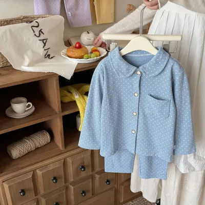 Unisex Kids Polka Dot Print Long-Sleeve Cardigan Pants Pajamas Two-Piece Set