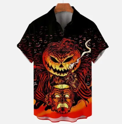 Men's Casual Halloween Digital Print Short-Sleeve Shirt with Turn-Down Collar