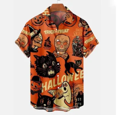 Men's Casual Halloween Digital Print Short-Sleeve Shirt with Turn-Down Collar