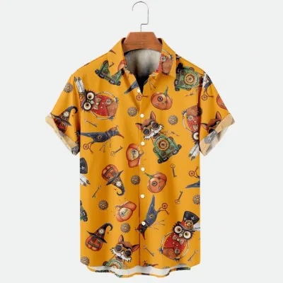 Men's Casual Halloween Digital Print Short-Sleeve Shirt with Turn-Down Collar
