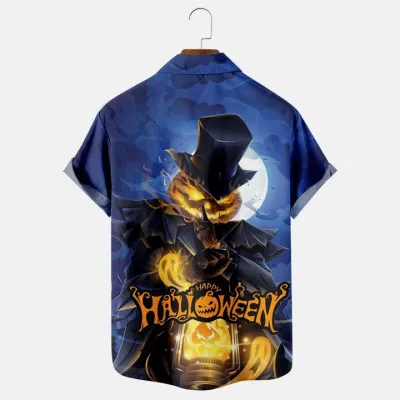 Men's Casual Halloween Digital Print Short-Sleeve Shirt with Turn-Down Collar