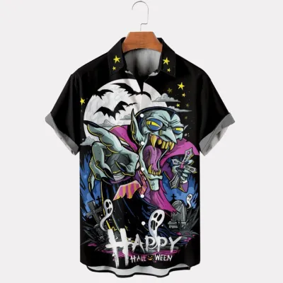 Men's Casual Halloween Digital Print Short-Sleeve Shirt with Turn-Down Collar