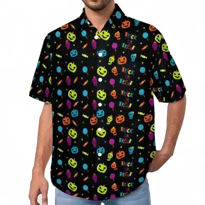 Men's Casual Halloween Digital Print Short-Sleeve Shirt with Turn-Down Collar