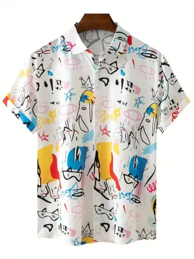 Men's Casual Halloween Digital Print Short-Sleeve Shirt with Turn-Down Collar